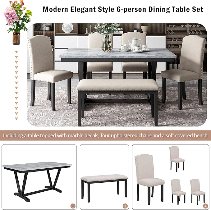 6 Pieces Dining Table Set with 60" Rectangle Marbled Veneers Tabletop Kitchen Desk,Living Room Furniture W/ 4 Chairs & 1 Bench,for Restaurant,Home Bistro,White