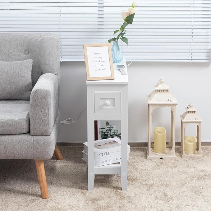 White End Table with Movable Top and Charging Station, Narrow Side Table with Storage Cabinet and USB, Sofa Table for Living Room Bedroom,White Side Table with Charger