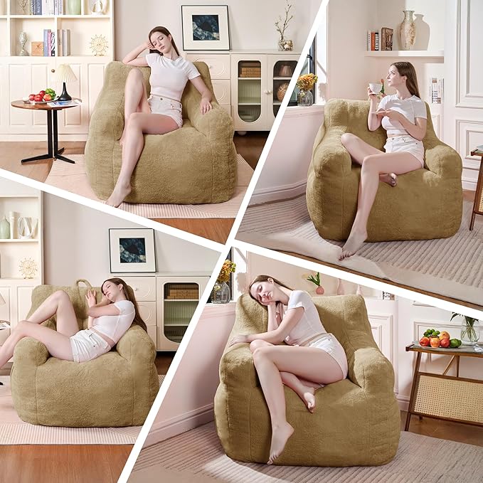 Comfy Chair Bean Bag Chairs for Adults, 3FT Bean Bag Couch Loungers for Teens & Kids, Comfy Memory Foam Bean Bag Chair Filled for Bedroom, Livingroom, Dorm (Khaki)