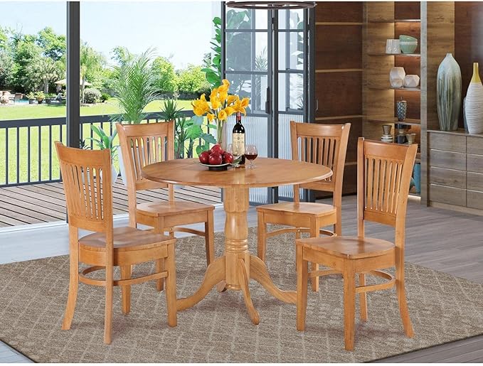 East West Furniture DLVA5-OAK-W 5 Piece Modern Dining Table Set Includes a Round Wooden Table with Dropleaf and 4 Dining Room Chairs, 42x42 Inch, Oak