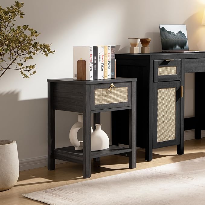 SICOTAS Rattan Nightstand, Rattan Decor Drawer with Brass Knobs Night Stand Bedside Table Boho End Tables Side Tables with Storage Shelf for Bedroom,Small Space