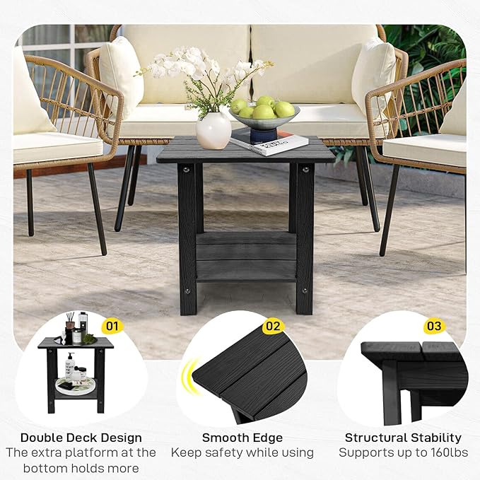 Melucivi Weather Resistant Outdoor Side Table, Double Small Adirondack Side Table for Adirondack Chair - Indoor Outdoor End Table, Patio Table for Pool, Deck and Porch (Black)