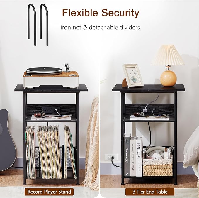 AMHANCIBLE Record Player Stand with Charging Station, Large Turntable Stand with Storage Cabinet, 3 Tier End Table Hold Up to 100 Albums, Record Stand for Vinyl, Living Room, Black, HETCD012BK-1