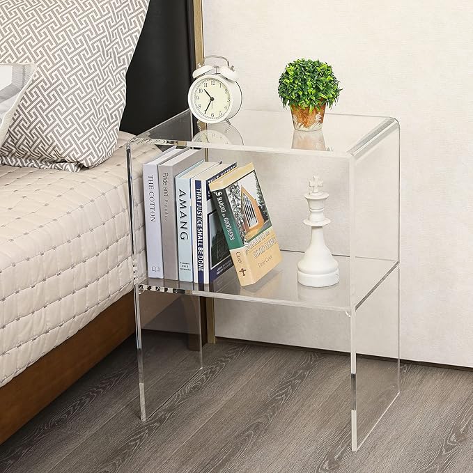 MyGift 24 Inch Acrylic Nightstand with 2 Tier Display Shelf, Clear Acrylic Side Table for Living Room Bedside Bedroom, Decorative Clear Home End Table