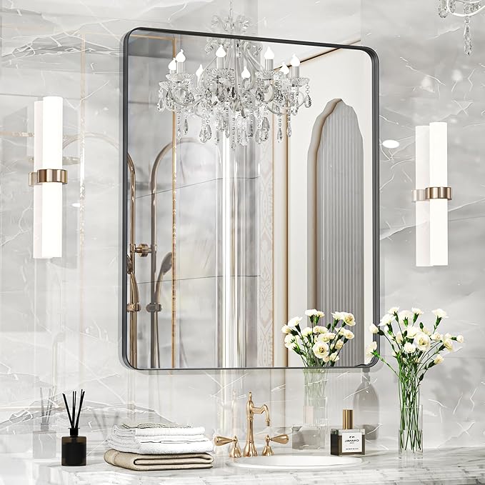 Fun Memories Wall Mirror for Bathroom, 40x32 Inch Black Bathroom Mirror, Rectangular Wall Mounted Decorativ, Rounded Corner, Aluminum Alloy Frame, Farmhouse, Hangs Horizontal or Vertical