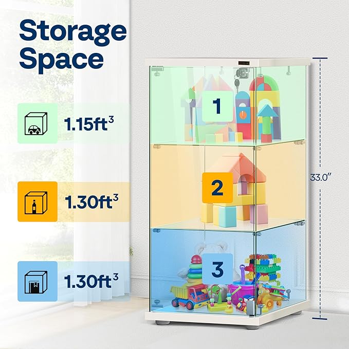 VIVOHOME 3 Layers 16''W x 16''D x 33''H Glass Display Cabinet Showcase Countertop with Lock, 4mm Tempered Glass 25mm MDF Base
