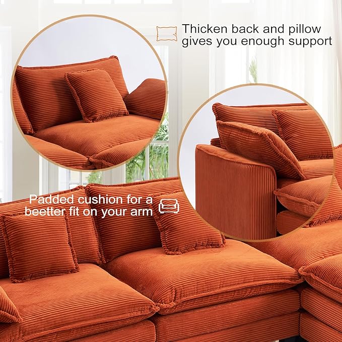 Furniliving 117‘’ L-Shaped Sofa, Luxury Corduroy Modular Sectional Couches with Ottoman, Upholstered Deep Seat Sleeper Sofa with Memory Foam and Waist Pillows, Orange