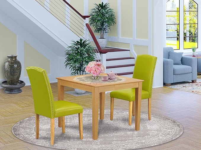 East West Furniture OXEN3-OAK-51 3 Piece Dinette Set for Small Spaces Contains a Square Dining Room Table and 2 Autumn Green Faux Leather Parsons Dining Chairs, 36x36 Inch, Oak
