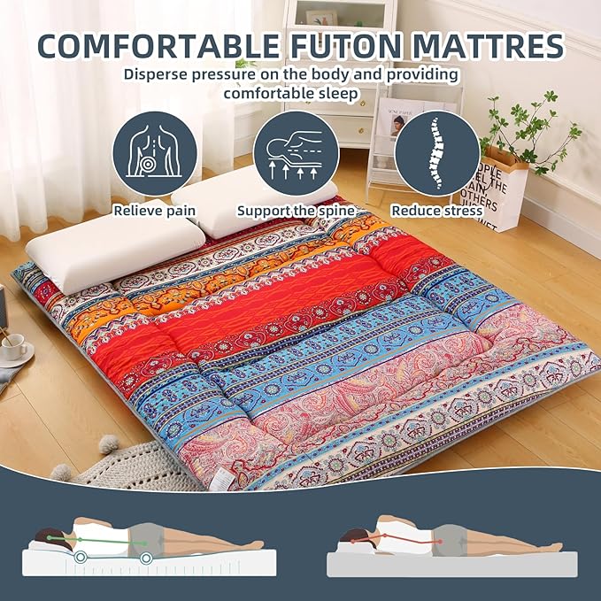 Bohemian Retro Japanese Floor Mattress, Vintage Floral Tatami Floor Mat, Portable Roll up Futon Mattress for Guest,Tavel (C,Twin 80" x 36")