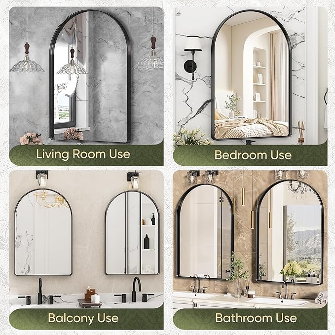 Suidia 24" x 36" Bathroom Mirror, Bathroom Vanity Mirror Metal Framed, Wall-Mounted Mirrors for Bedroom, Living Room, Entryway, Hallway, Black, Arch Style