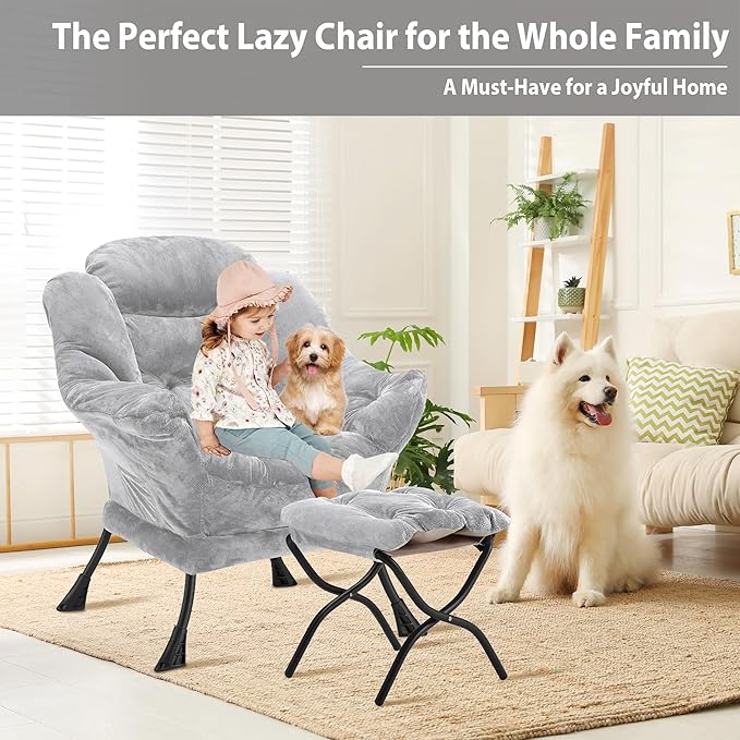 Lazy Chair with Folding Ottoman, Accent Chair Plush Upholstered with Metal Structure and Non-Slip Pads, Sofa Armchair with Footrest and Side Storage Bag for Dorm, Room, Office, Light Gray