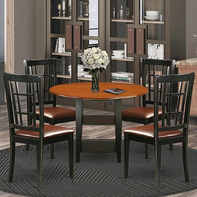 East West Furniture SUNI5-BCH-LC 5 Piece Dining Table Set for 4 Includes a Round Kitchen Table with Dropleaf & Shelves and 4 Faux Leather Kitchen Dining Chairs, 42x42 Inch, Black & Cherry