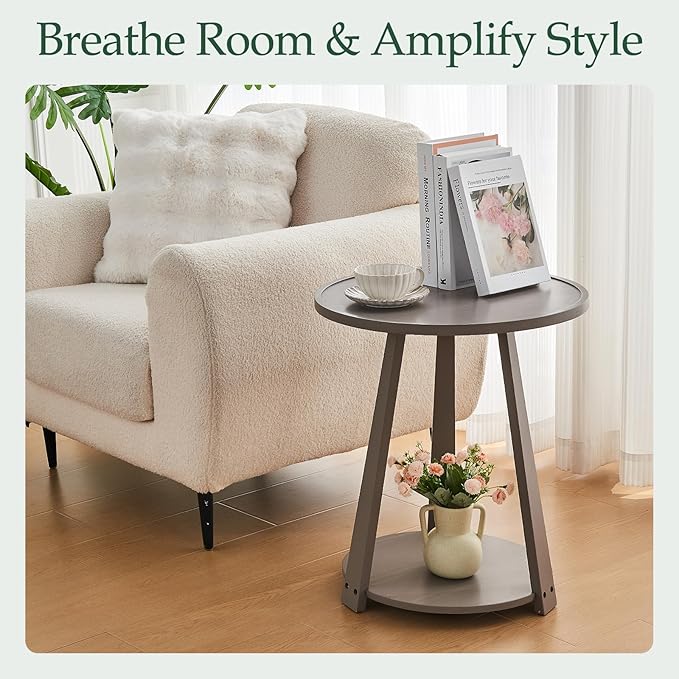 Round Solid Wood Side Table - Small Round Wooden End Table, Modern Living Room Beside Side Tables with Shelf for Couch Sofa Bedroom, Gray, 19.6 in x 19.6 in x 23.6 in