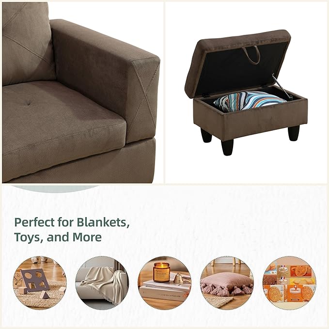 L Shaped Sectional Couch Sofa, Modern Couches for Living Room, Comfy 4 Seat Modular Sectional Sofa with Ottoman Storage for Bedroom Apartment, Brown