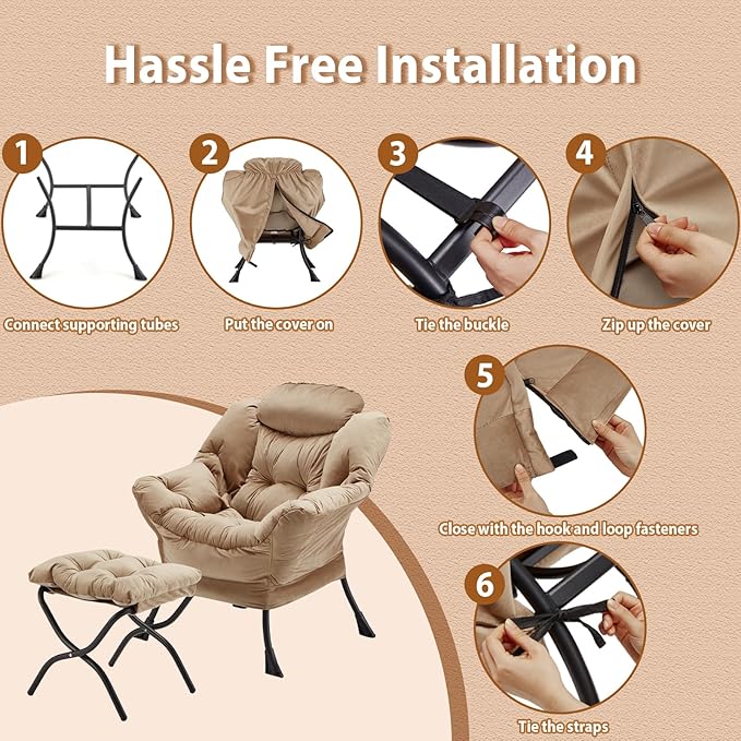 Lazy Chair with Folding Ottoman, Accent Chair Velvet Upholstered with Metal Structure and Non-Slip Pads, Sofa Armchair with Footrest and Side Storage Bag for Dorm, Room, Office, Khaki