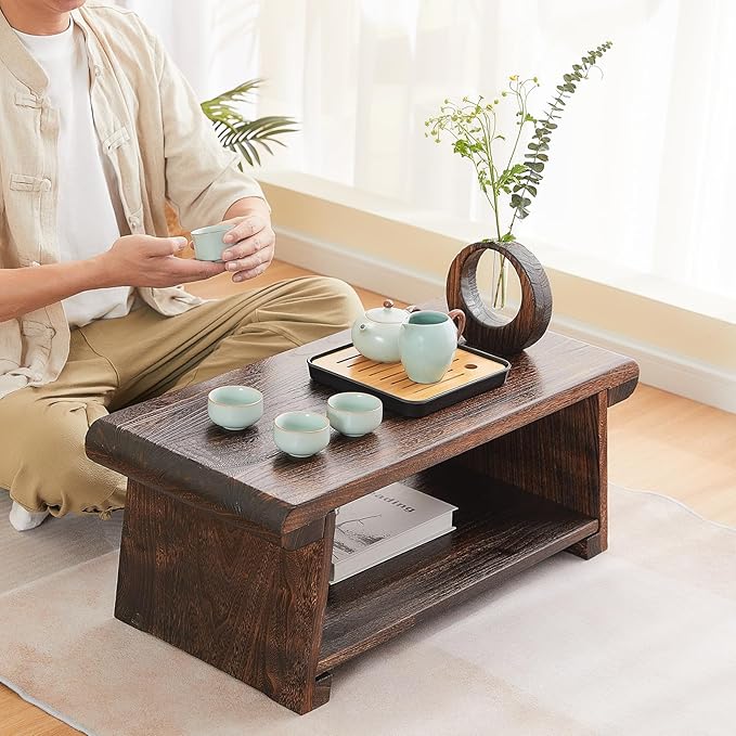 Folding Altar Table,Japanese Low Table for Sitting on The Floor,Wood Low Meditation Table,Tea&Coffee Table for Living Room,Foldable Floor Table, Brown