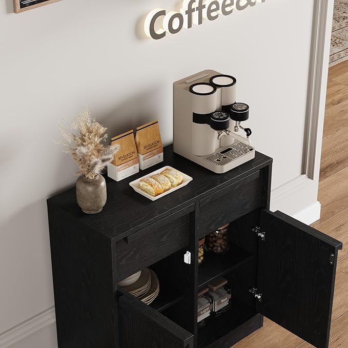 GarveeHome Sideboard Buffet Cabinet with 2 Drawers, 31.5" Large Coffee Cabinet with Storage, Modern Storage Buffet Table for Kitchen Dining Room, Living Room (Black, 2 Doors & 2 Drawers)