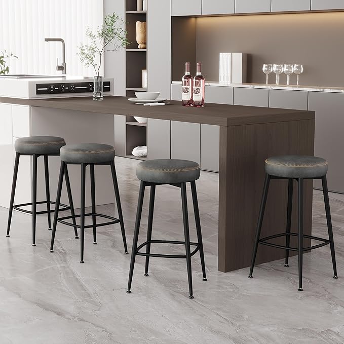 Counter Height Bar Stools, 26" H Backless Bar Stools Set of 8, Upholstered Faux Leather Kitchen Counter Stools, Mid Century Modern, Kitchen Island Home Bar, Pub, Black Grey
