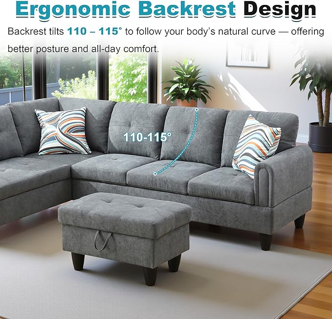 97" Oversized Sectional Couch, L Shaped Couch with Storage Ottoman, Modern Modular Sofa with Deep Seat, Sectional Couches for Living Room and Office, Dark Grey (Fluffy Fabric)