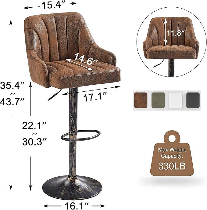 VECELO Bar Stools Set of 2, Adjustable Bar Stools Counter Height Barstools with Back and Arm, Swivel Bar Chair Stools for Kitchen Counter Island Cafe Dining Room, Industrial Style, Dark Brown