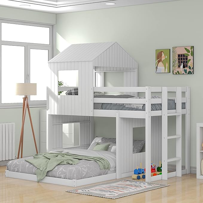 Ball & Cast Twin Over Full Playhouse Bunk Bed with Ladder and Window,Farmhouse Wood Bunkbed w/Full-Length Guard Rail & Slat Support,Space Saving,Bedroom Furniture for Student Dorms,White