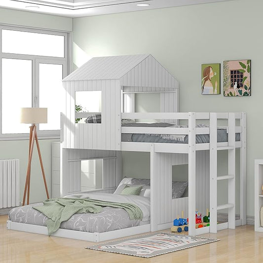 Ball & Cast Twin Over Full Playhouse Bunk Bed with Ladder and Window,Farmhouse Wood Bunkbed w/Full-Length Guard Rail & Slat Support,Space Saving,Bedroom Furniture for Student Dorms,White