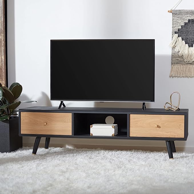 SAFAVIEH Beatrix TV Stand for up to 60" Flatscreen – Black & Oak, 2 Doors with Interior Storage, 1 Open Shelf, Entertainment Media Console (MED9607A)