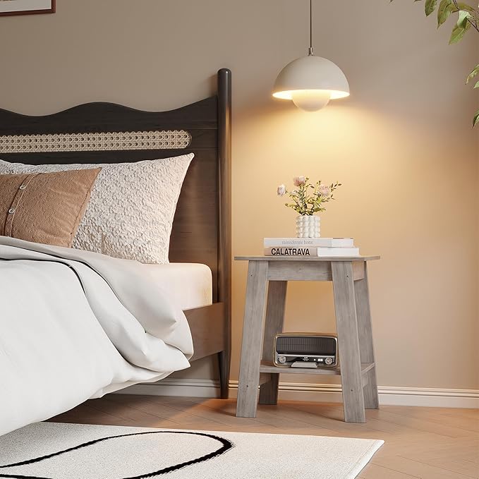 End Table with Double Storage Shelves, Small Space Side Table for Farmhouse Bedroom, Studio Apartment, Entryway, Grey