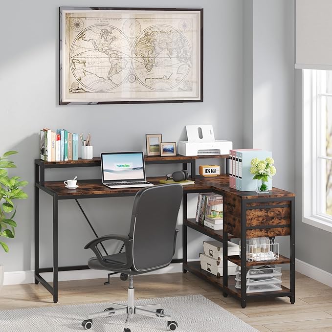 Tribesigns Reversible L Shaped Desk with Drawer, Brown Corner Desk with Storage Shelves and Monitor Stand, Writing Table for for Small Space (Rustic)