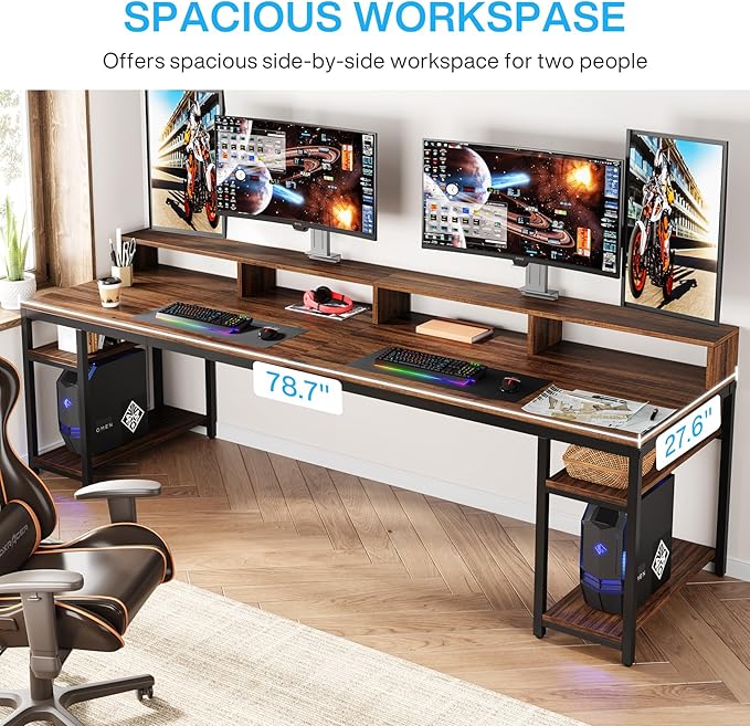 Tribesigns Two Person Desk with Monitor Stand, 78.74" Long Double Computer Office Desk with Storage Shelves, Large Gaming Study Writing Table Workstation for Home Office (Rustic Brown)