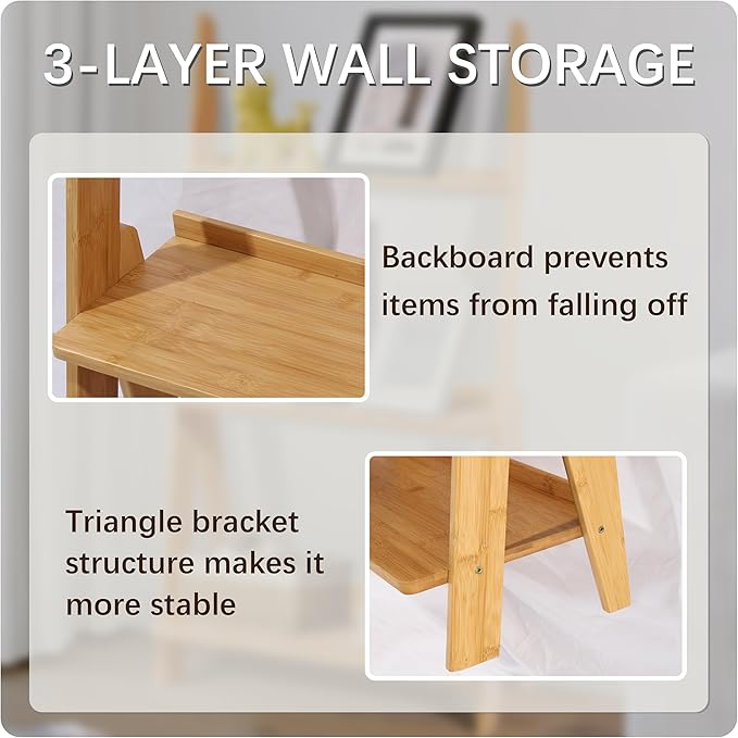DOUSY-3-Tier Ladder Shelf, Bamboo Ladder Bookshelf Leaning Bookcase Trapezoid Bookshelf Storage Rack Shelf for Living Room, Kitchen, Bathroom, Home Office, Natural Color