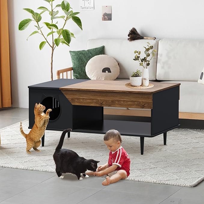 GAOMON Black Coffee Table 45'' Cat Living Room Tables with Storage Drawer, Wooden Rustic Coffee Table with Cat House, Multifunctional Hidden Kitty Litter Box Furniture