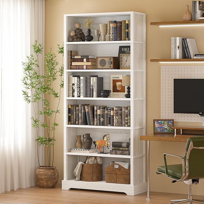 TVU 6 Shelf Bookcase, Freestanding Open Bookshelf, Tall Book Shelf, 11.8" D x 31.5" W x 77.2" H, for Living Room, Dining Room, Study, Office, Antique White