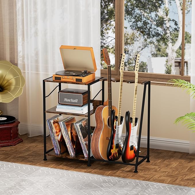 Hosfais 3 Tier Record Player Stand, Guitar Stand for Acoustic, Electric Guitar, Bass Stand, Vinyl Record Storage Up to 200 Albums for Living Room Bedroom, Rustic Brown