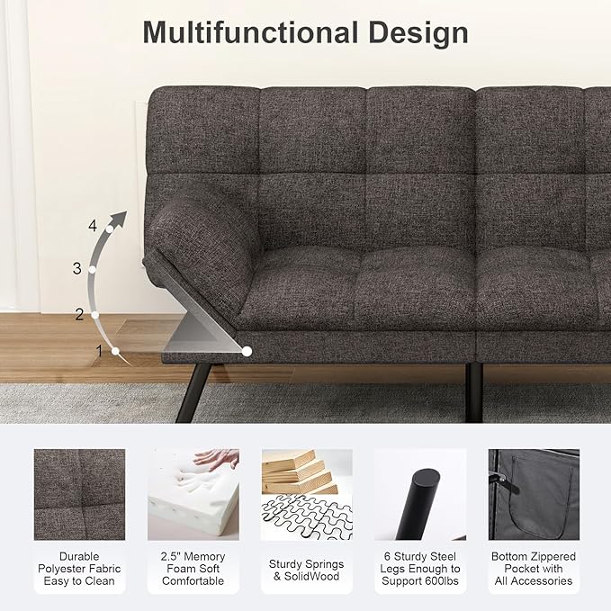 Vipbear Futon Sofa Bed Couch, 71" Convertible Sofa Bed, Space-Saving Loveseat with Adjustable Backrest & Armrest for Living Room,Apartment,Office,Pure Grey Sleeper Sofa