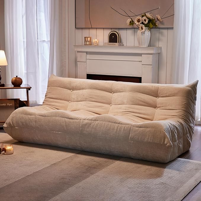 Bean Bag Chair, 3 Seater Fireside Chair Large Bean Bag Sofa for Adults, Memory Foam Chair Gaming Chairs with Comfy Design & Soft Fabric, Lazy Floor Sofa for Living Room, Bedroom, Beige