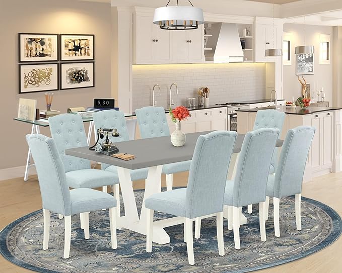 East West Furniture V097CE215-9 9 Piece Kitchen Table Set Includes a Rectangle Dining Table with V-Legs and 8 Baby Blue Linen Fabric Parsons Dining Chairs, 40x72 Inch, Multi-Color