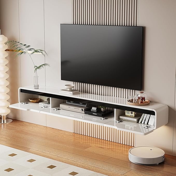 High Gloss Floating TV Stand with 3 Doors,86'' Wall Mounted TV Cabinet,Under TV Console,Floating Media Shelft for Bedroom Living Room(White)