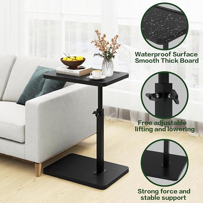 IBUYKE Tray Table for Couch, 360° Swivel Height Adjustable End Table for Small Spaces, with Phone & Tablet Slot, Modern Small Coffee Snack Table for Sofa/Bed, Black UTVT003B