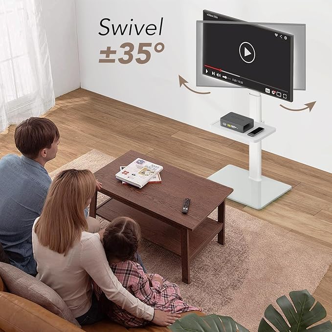 AX WABER Universal Floor TV Stand with Mount 70 Degree Swivel 9 Level Height Adjustable and Space Saving Design for Most 27 to 65 inch LCD, LED OLED TVs White