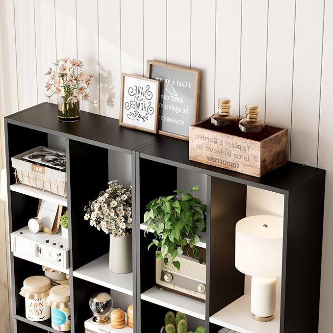 FOTOSOK 71'' Tall Bookshelf, Double Wide Media Tower Rack CD DVD Rack Display Cabinet with Adjustable Shelves, Tall Narrow Bookcase Bookshelf for Home Office, White/Black