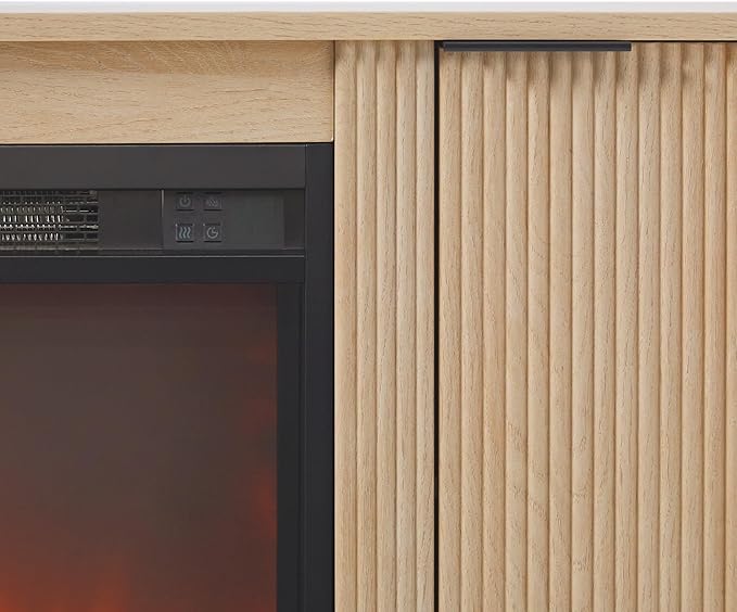 Walker Edison Chloe Reeded TV Stand with Fireplace Insert, 65 Inch, 60 inch, Coastal Oak