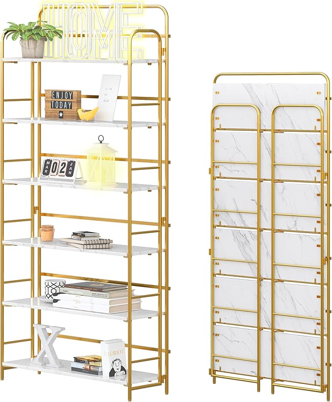 4NM No Assembly Folding Bookshelf 6 Tiers Vintage Industrial Gold Book Shelf Metal Foldable Storage Bookcase and Bookshelves for Living Room,Bedroom and Kitchen - White and Gold