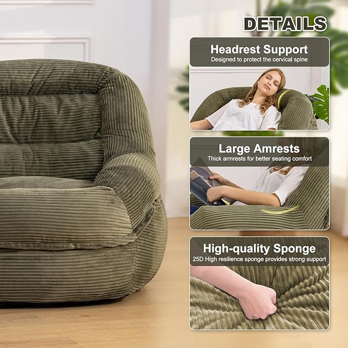 Giant Bean Bag Chair with Armrests - Oversized Cozy Seating for Adults, Corduroy Fabric & High - Density Foam Filling, Ideal Lounge for Living Room, Bedroom & Gaming Room (Olive Green)