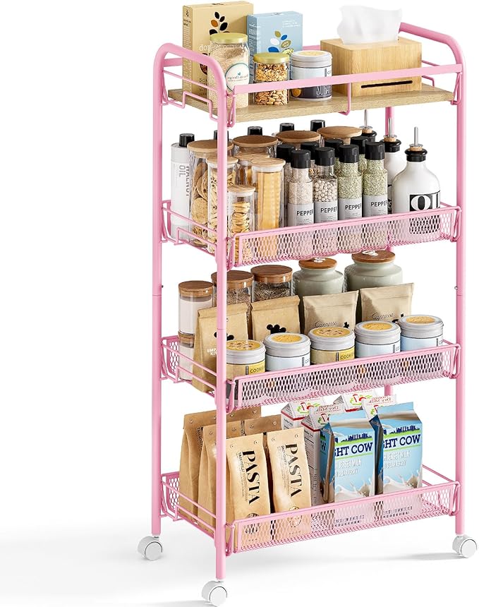 KINGRACK 4-Tier Wide Metal Rolling Storage Cart, Utility Cart with Wooden Tabletop for Laundry, Bathroom, Kitchen, Apartments, Dormitory (Pure Pink, Wide)