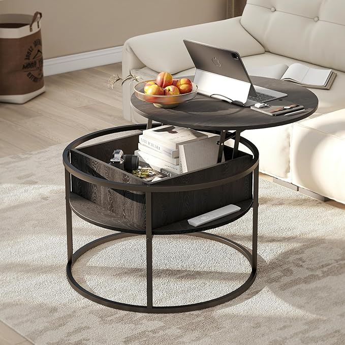 Round Lift Top Coffee Table,Coffee Tables Living Room,Black Coffee Table with Storage Hidden Compartment,Wood Farmhouse Coffee Table Decor,Center Table for Living Room,Modern Coffee Table