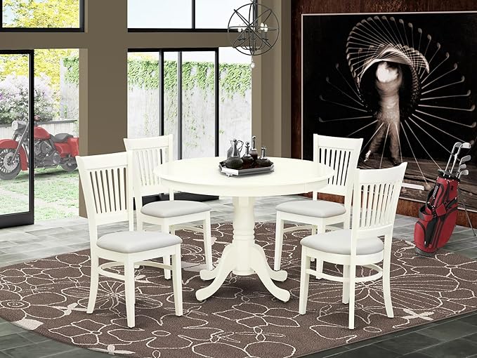 East West Furniture HLVA5-LWH-C 5 Piece Kitchen Table Set for 4 Includes a Round Dining Room Table with Pedestal and 4 Linen Fabric Upholstered Dining Chairs, 42x42 Inch, Linen White