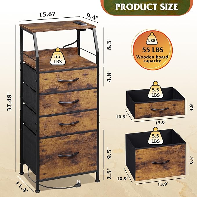 WLIVE 4 Drawer Dresser for Bedroom, 37" H Nightstand with Charging Station and Led Light, Tall Night Stand Bed Side Table, End Table with USB Ports and Outlets, Fabric Bins, Wood Shelf, Rustic Brown
