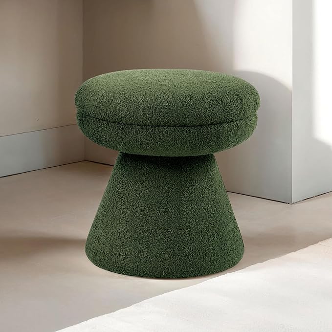 Furniture of America Rami Modern 18-inch Mushroom-Shape Upholstered Ottoman with Tapered Pedestal, Vanity Stool Chair, Small Foot Stool for Bedroom, Living Room, Entryway, Green