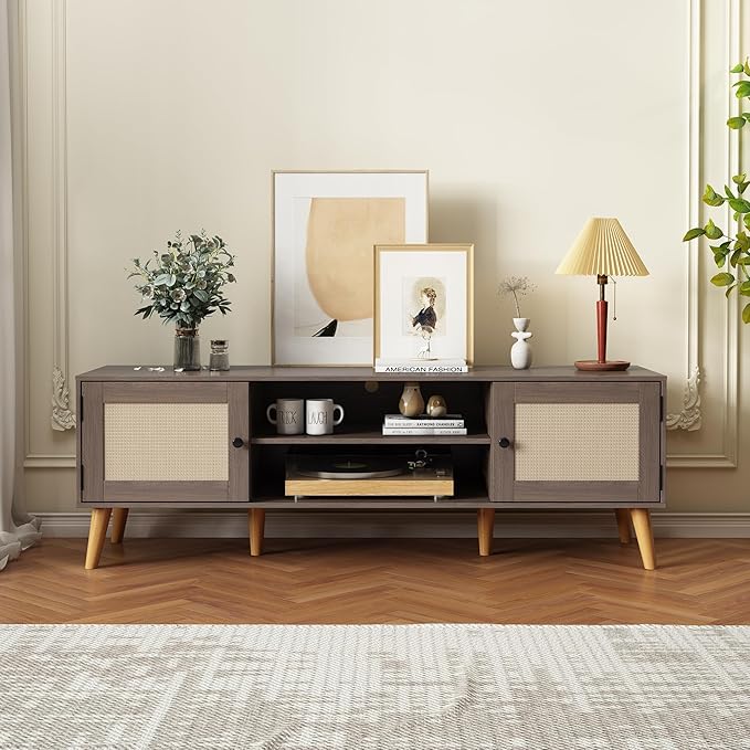 TV Stand for TVs up to 65 inches, Rattan Grain Finish Panel with 2 Storage cabinets, Modern Minimalist Style, Living Room, Audio-Visual Room for Multiple Rooms,3 Colors Available (Oak)